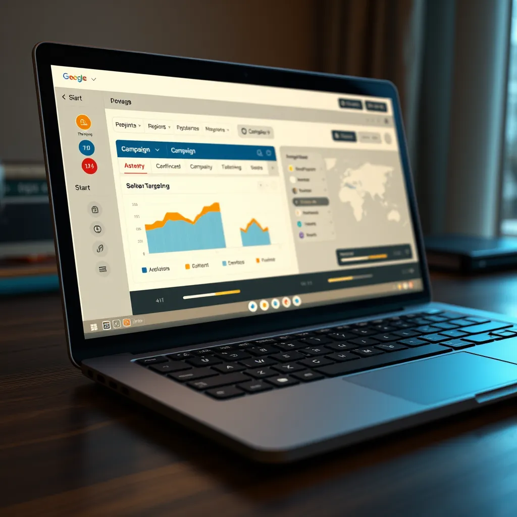 A creative image depicting a campaign dashboard on a laptop, with controls for starting, stopping, and targeting. Include maps with highlighted regions and sliders representing targeting adjustments in the scene to emphasize flexibility and control.