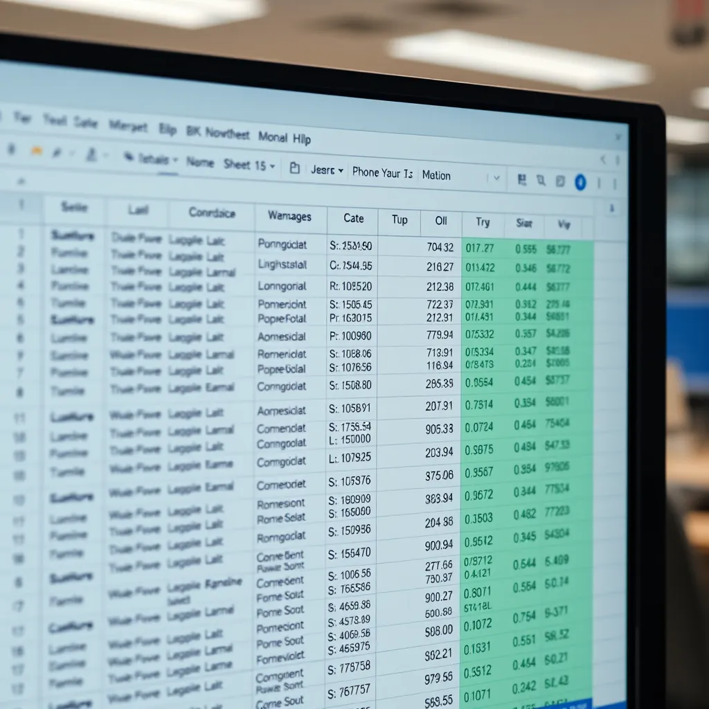 A detailed image of a Google sheet on a computer screen, showcasing various columns filled with names, emails, addresses, and phone numbers. The background should have an office environment to emphasize productivity and real-time data access.