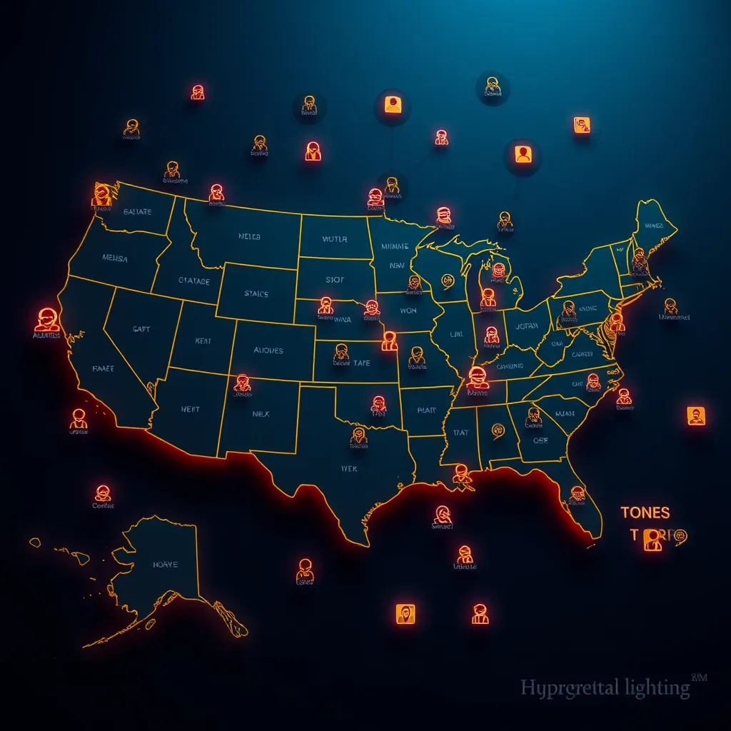 A detailed map illustration with highlighted regions indicating various geo-targets, such as states and zip codes. Overlaying the map are icons representing diverse audiences and connections, creating a visual representation of targeted marketing strategies.