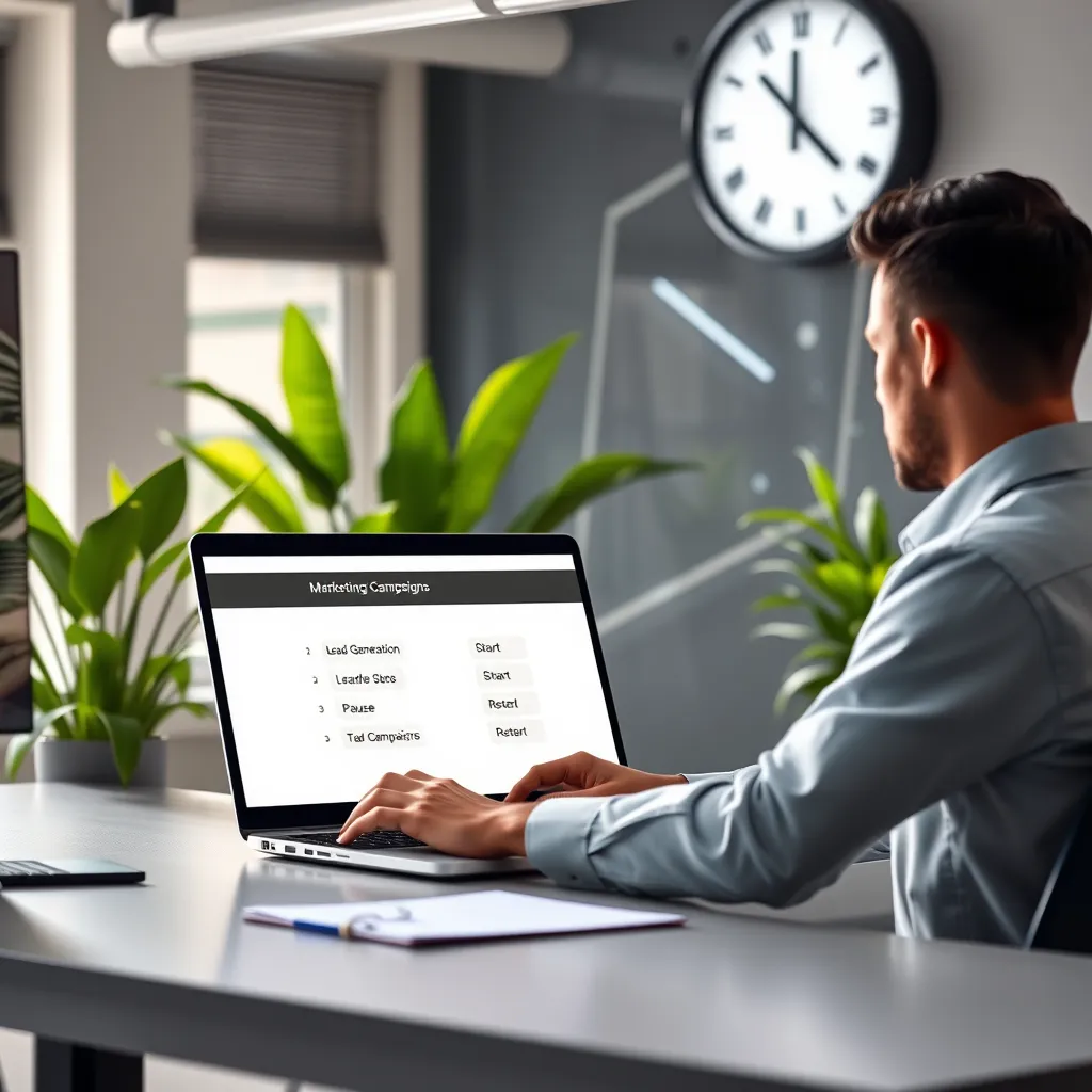 A modern, dynamic workspace depicting a marketing manager using a laptop to manage lead generation campaigns. The screen shows options to start, pause, and restart campaigns. Include a large digital clock in the background to symbolize real-time operations, with green plants to enhance a fresh, productive atmosphere.