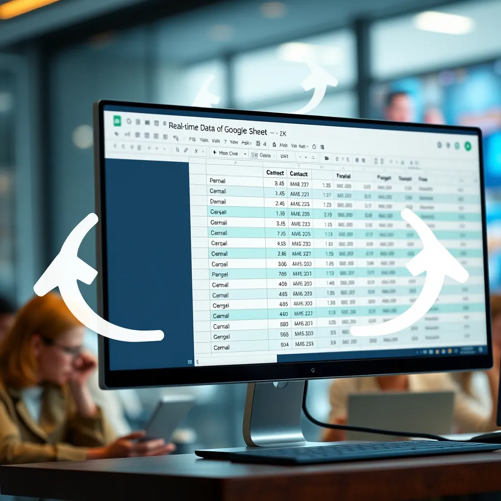 A photorealistic image of a computer screen displaying a Google Sheet filled with real-time data, showcasing contact information like names and emails. Surrounding the screen are visual elements like arrows symbolizing speed and efficiency, with a blurred background of people interacting online.