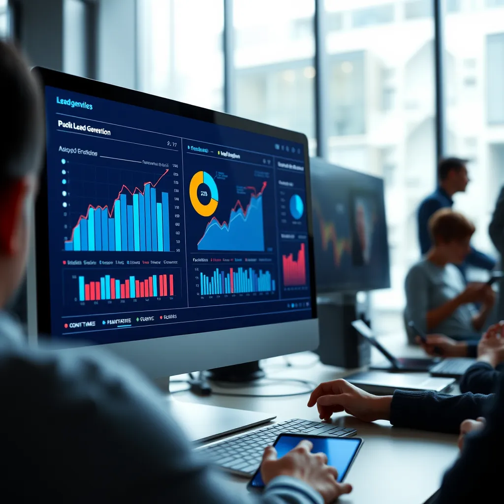 A photorealistic image showing a computer screen with dynamic graphs and pie charts illustrating lead generation. There should be visual elements like arrows connecting different data points, and a blurred background of people browsing on devices, symbolizing internet visitors.