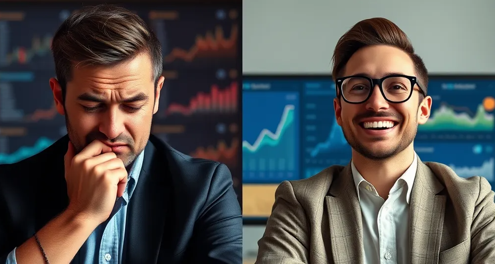 A split image showing two scenarios: one side illustrates low conversion rates with a stressed marketer, and the other shows high conversion rates with happy clients and successful engagements. Use contrasting colors to emphasize the difference, featuring analytics dashboards in the background.